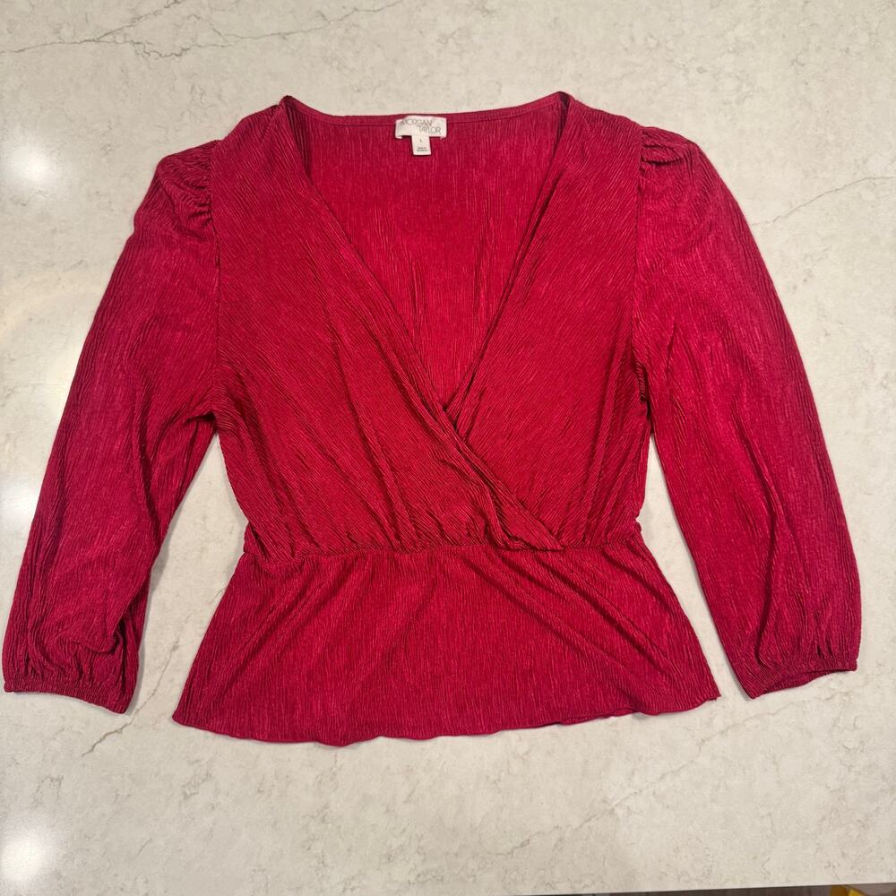 Red Crinkle Plissé Peplum Blouse Surplice Bishop Sleeve Party Large Coquette - Picture 11 of 15